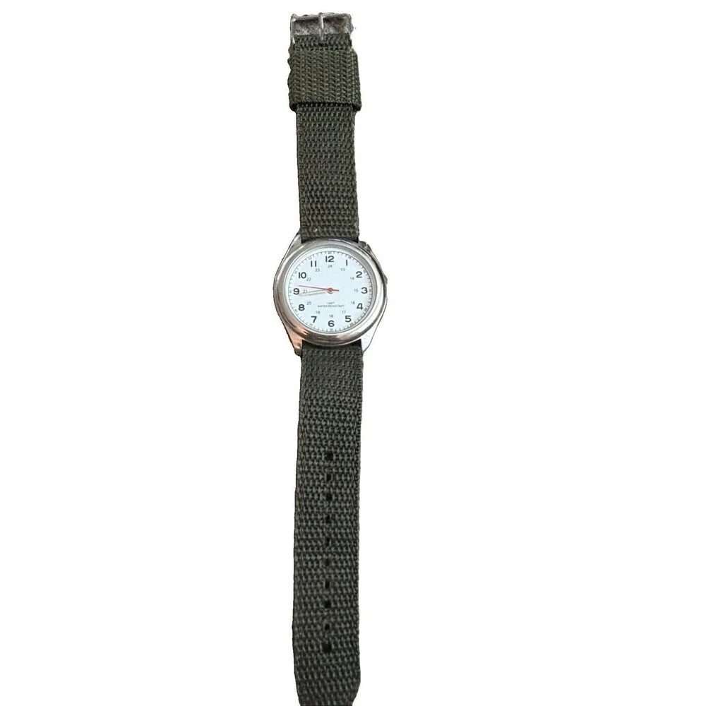 VTG FMD Japan Quartz Watch Men 30m Silver Canvas Military Dial Analog New Batter